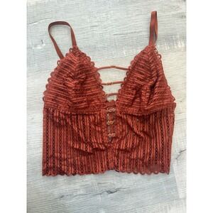 Boho Rust Lace Longline Bralette - Geometric Strappy Detail - S/M